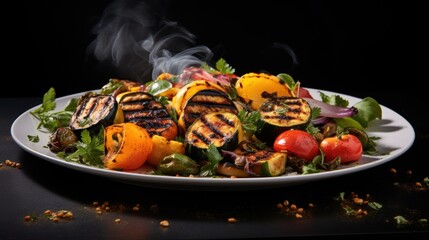  a white plate topped with a salad covered in lots of veggies and a smoke billowing out of it.