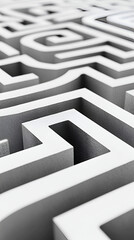 A minimalist black and white drawing of a maze with a clear path leading from the entrance to the exit