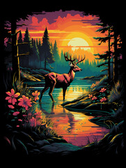 t-shirt design, (deer) swims in the waters outside the cottage on the lake, in the style of graphic design-inspired illustrations created with Generative Ai