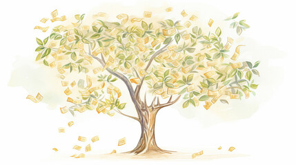 Money Tree in Sunlight, Lush tree with leaves made of various currency notes, AI Generated