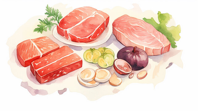 Meat, cartoon Drawing, Water color style, AI Generated