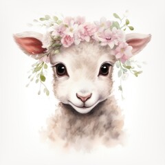 Watercolor white sheep head and flower bouquets. Easter animals and floral. Cute farm pet, roses, flowers, lamb, leaves.