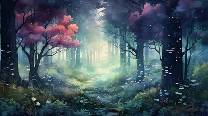 Mystical Watercolor Forest at Twilight, Enchanting forest scene at twilight in watercolors, AI Generated