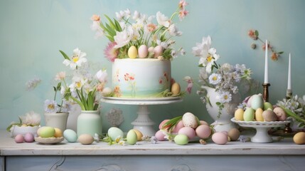 Obraz na płótnie Canvas a table topped with a cake covered in frosting next to small vases filled with flowers and easter eggs.