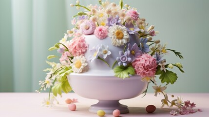  a close up of a cake on a table with flowers in the middle of the cake and candy on the side of the cake.