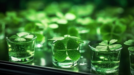  four glasses of water with four leaf clovers in the middle of the glasses, and a few glasses of water with four leaf clovers in the middle of the glasses.