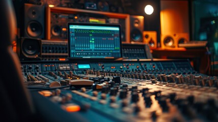 Imagine a visually captivating scene in a modern music record studio: the control desk is adorned...