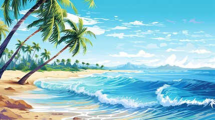 Fototapeta na wymiar Tropical beach landscape with palm trees and ocean waves. Travel and nature.