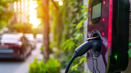Charging a car at an electric vehicle charging station. Electric vehicle charging station for charging the battery of an electric vehicle. Clean energy. Green technology. - obrazy, fototapety, plakaty