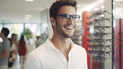 The perfect pair for me. Shot of a young man buying a new pair of glasses at an optometrist store. - obrazy, fototapety, plakaty