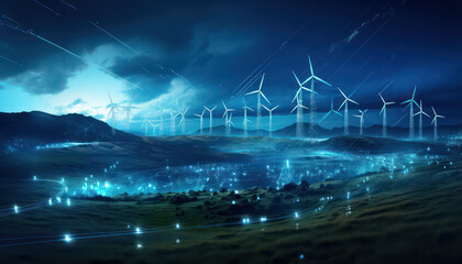 Wind Energy for a Sustainable digital Future, banner,  Digital Constellations: Navigating the Cyber Universe - Futuristic Technology Banner, Eco-Friendly Power: Harnessing Renewable - obrazy, fototapety, plakaty