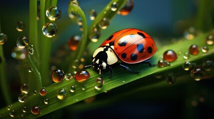  a ladybug sitting on top of a green leaf covered in drops of water on top of a blade of grass.