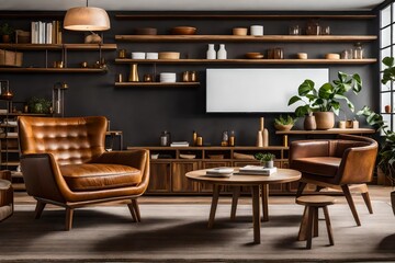 Fototapeta premium Amazing interior of a room with brown leather sofa and round table.