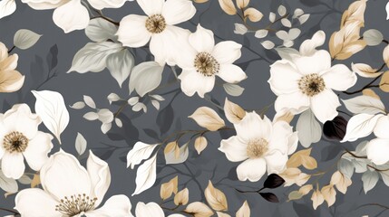  a black and white floral wallpaper with white and gold flowers on a gray background with black and white leaves.
