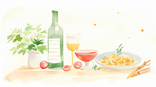 Pasta and wine, Cartoon drawing, Water color style, AI Generated