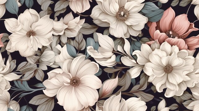  a close up of a bunch of flowers on a black background with white, pink, and blue flowers on it. © Olga