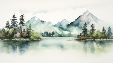 Peaceful Watercolor Mountain Landscape, Serene and majestic watercolor landscape of mountains, AI Generated