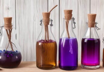 Obraz na płótnie Canvas magic potions in bottles on wooden background 