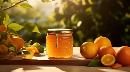  a jar of honey sits on a table next to oranges and a basket of lemons on a table. - obrazy, fototapety, plakaty