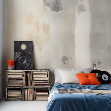 Teenager bedroom interior, with a bed, big speaker, vinyl records and books on the shelf, and a grungy concrete wall. Modern teen room, home decor.