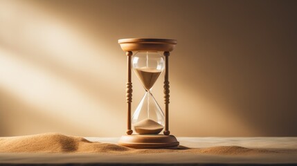  an hourglass sitting on top of a table next to a pile of sand on top of a wooden table.