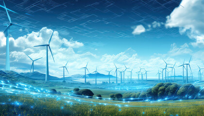 Wind Energy for a Sustainable digital Future, banner,  Digital Constellations: Navigating the Cyber Universe - Futuristic Technology Banner, Eco-Friendly Power: Harnessing Renewable