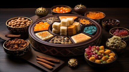  a wooden table topped with bowls filled with different types of desserts and crackers on top of a wooden table.
