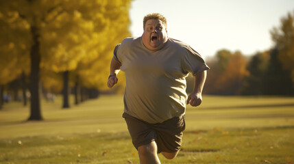 Funny overweight man jogging on the road - obrazy, fototapety, plakaty