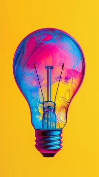 Bright Colored Light Bulb on Yellow Background