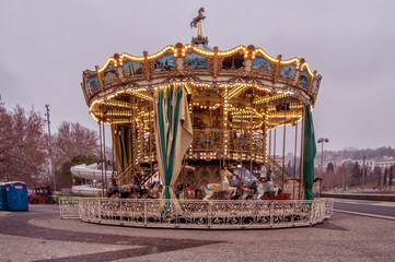  wooden horse of a christmas carousel in Madrid. Spain