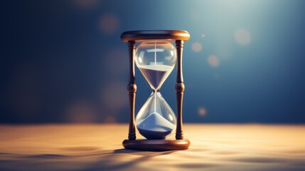  an hourglass sitting on a table with a cross in the middle of the hour and a light shining on it.