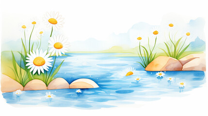 Fototapeta na wymiar Rivers and daisies, Cartoon drawing, Water color style, AI Generated