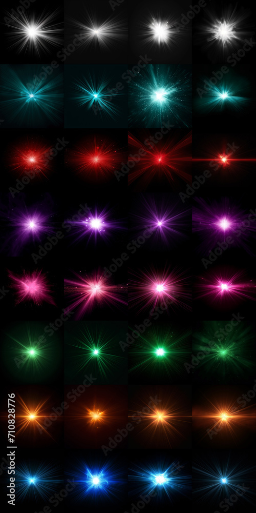 Wall mural dynamic celestial explosion set of various colors: black background with glowing multicolored sunbur