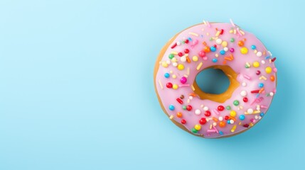  a pink frosted donut with sprinkles on a light blue background with a bite taken out of it.