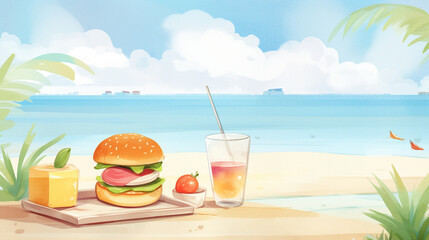 Sandwiches and summer scenes and burgers, Cartoon drawing, Water color, AI Generated