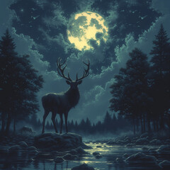 sillouette off white deer in a peaceful serene night