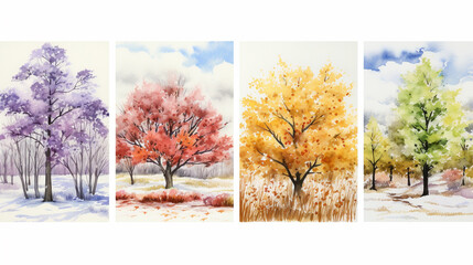 Seasonal Watercolor Landscapes A series of watercolor landscapes depicting the beauty of each season Great for seasonal home decor, educational materials, AI Generated