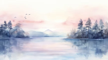 Foto op Canvas Serene Watercolor Lake at Dawn A peaceful watercolor depiction of a lake at dawn, with soft hues reflecting the morning sky Ideal for calming art prints, AI Generated © Watercolorbackground