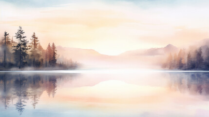 Serene Watercolor Lake at Dawn A peaceful watercolor depiction of a lake at dawn, with soft hues reflecting the morning sky Ideal for calming art prints, AI Generated - obrazy, fototapety, plakaty