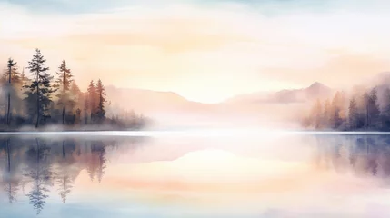 Rolgordijnen Serene Watercolor Lake at Dawn A peaceful watercolor depiction of a lake at dawn, with soft hues reflecting the morning sky Ideal for calming art prints, AI Generated © Watercolorbackground