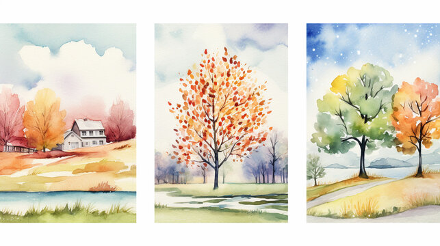 Seasonal Watercolor Landscapes A series of watercolor landscapes depicting the beauty of each season Great for seasonal home decor, educational materials, AI Generated