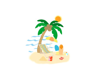 Hand Drawn Tropical Island. Sunset on the Beach with Palm Trees and Calm Sea. Works Well on Posters, Cards and Invitations or as a T-Shirt Print.
