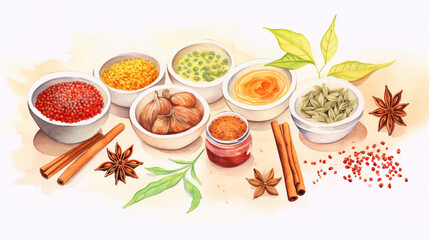 Spices, cartoon drawing, Water color style, AI Generated