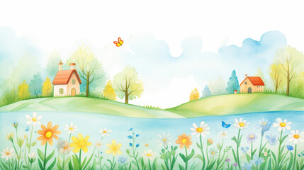 Spring scenes and villages, Cartoon drawing, Water color style, AI Generated