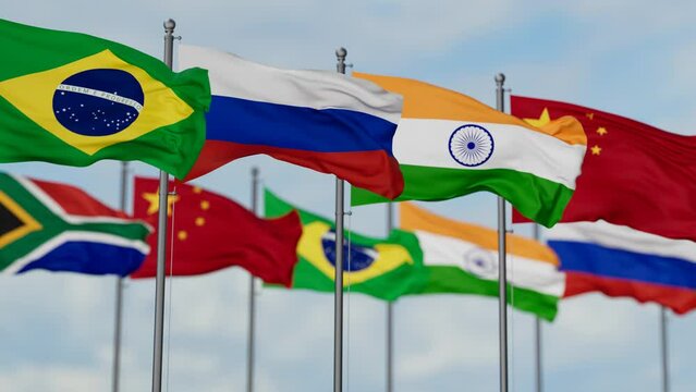BRICS flags waving together on cloudy sky, endless seamless loop