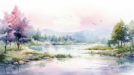 Watercolor River Landscape, Serene river landscape captured in soft watercolor hues, Perfect for relaxation-themed spaces or wellness center art, AI Generated