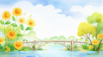 Fototapeta na wymiar Trees and bridges and sunflowers, Cartoon drawing, Water color style, AI Generated