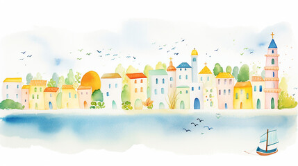 Travel scenes, Cartoon drawing, Water color style, AI Generated