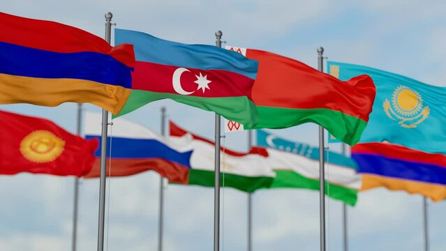 Commonwealth of Independent States or CIS flags waving together on cloudy sky, endless seamless loop