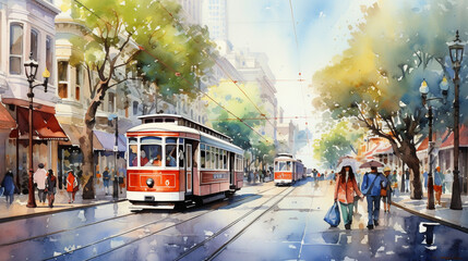 Vibrant Market Street in Watercolors, Lively, bustling market street captured in vibrant watercolors, Great for travel brochures, Cultural art collections, AI Generated - obrazy, fototapety, plakaty